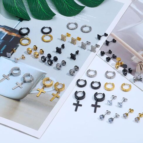 Newitin 24 أزواج أقراط الفولاذ المقاوم للصدأ للرجال للرجال Hypoallergenic Zirconia Zirconia Studs Hoop arring Cross Dangle أقراط للجنسين البانك. in Kuwait