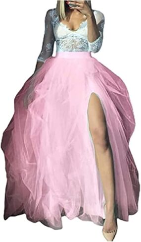 Women's Tulle Maxi Skirt Floor Length Layered Elastic High Waist Split Skirt A-Line Puffy Lace Mesh Tutu Skirt in Kuwait
