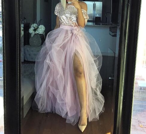 Women's Tulle Maxi Skirt Floor Length Layered Elastic High Waist Split Skirt A-Line Puffy Lace Mesh Tutu Skirt in Kuwait