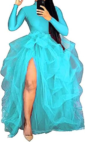 Women's Tulle Maxi Skirt Floor Length Layered Elastic High Waist Split Skirt A-Line Puffy Lace Mesh Tutu Skirt in Saudi Arabia