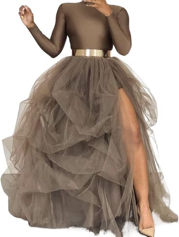 Women's Tulle Maxi Skirt Floor Length Layered Elastic High Waist Split Skirt A-Line Puffy Lace Mesh Tutu Skirt in Saudi Arabia