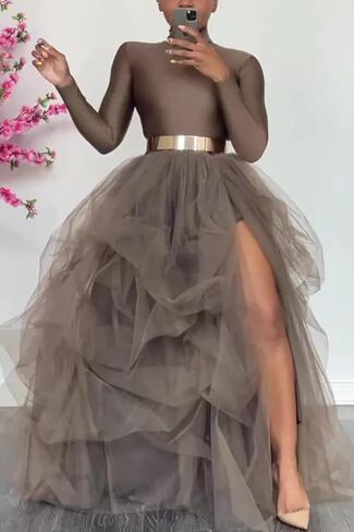 Women's Tulle Maxi Skirt Floor Length Layered Elastic High Waist Split Skirt A-Line Puffy Lace Mesh Tutu Skirt in Saudi Arabia