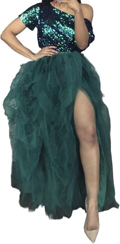 Women's Tulle Maxi Skirt Floor Length Layered Elastic High Waist Split Skirt A-Line Puffy Lace Mesh Tutu Skirt in Saudi Arabia