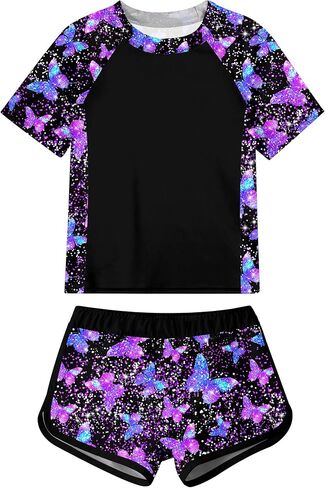 Idgreatim Girls Rashguard Swimsuit 2 قطعة قصيرة الأكمام بدلة السباحة Upf 50+ Sun Proction Swimeal Size 8-14T in Kuwait