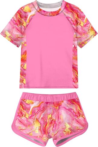 Idgreatim Girls Rashguard Swimsuit 2 قطعة قصيرة الأكمام بدلة السباحة Upf 50+ Sun Proction Swimeal Size 8-14T in Kuwait