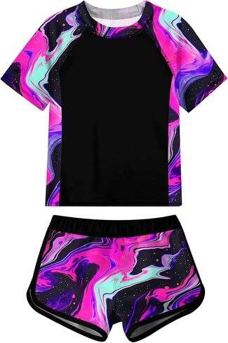 Idgreatim Girls Rashguard Swimsuit 2 قطعة قصيرة الأكمام بدلة السباحة Upf 50+ Sun Proction Swimeal Size 8-14T in Kuwait