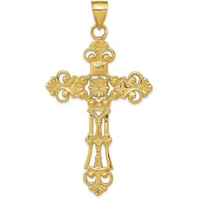 Diamond2DEAL 14K Gold Gold Fleur de Lis الصلب الديني الكبير Cross Cross (L- 79 مم W- 42 مم)