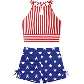Girls Swimsuits Tankini Striped Halter Neck Cute Bathing Suits Swim Shorts 2 Piece Sets
