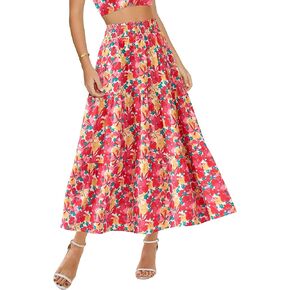 BTFBM Women's Floral Print Midi Maxi Skirts 2025 Summer Casual Aline Elastic High Waist Pleated Flowy Long Skirt Pockets
