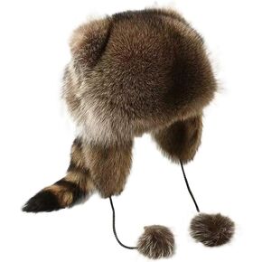 Raccoon Hat with Plush Tail - Thermal Windproof Ushanka Beanie for Winter, Faux Fur Hooded Costume Hat for Adults, Brown Animal Theme