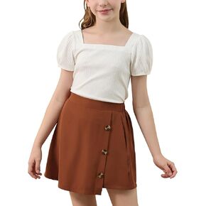 Gorlya Girls Skirt مجموعات نفخة الأكمام غير الرسمية الصيفية الصيفية متماسكة وزر تنورة غير منتظمة 2 قطعة ملابس الملابس 6-14y