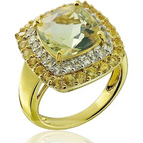 925 Sterling Silver Cocktail Ring وسادة الأحجار الكريمة الأصلية 10 مم مع جواهر مزدوجة الصفوف ، 5 قيراط ، مطلي بالروديوم