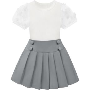 Toddler Girls Skirts Outfit Floral Mesh Puff Sleeve Ribbed Tops + Pleated A-Line Skirt Set Kids Clothes
