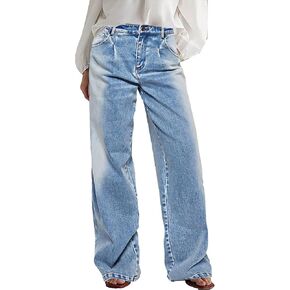 Flamingals Wide Leg Jeans for Women Mid Waist Baggy Stitch Decor Denim Washed Pants Without Belt