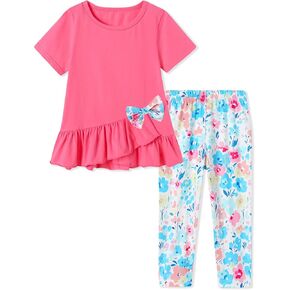 Toddler Girl Clothes 2-8Years Girls Outfit, Short Sleeve Ruffle Bowknot Top+Floral Capri Pants 2Pcs Spring Summer Set