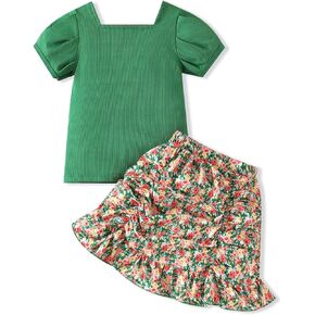 Kids Toddler Girl Summer Clothes Letter Printed T-Shirt Top＋ Floral Skirt 2pcs Girl's Skirt Set