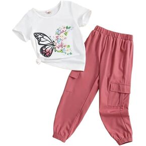 Kid Girl Clothes Outfits Figure Letter Graphic Tee Top + Flap Pocket Pants 2PC Spring Summer Clothing Set