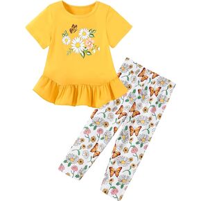 Caretoo Toddler Girl Clothes 2pcs Girl Spring Summer Outfit Hengh Hem Short Sleeve Top and Floral Capri Pant 2-7 Years