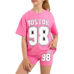 Girls Summer Outfits Graphic Letter Print T Shirt Short Sleeve Top & Biker Shorts with Side Pocket 2Pcs Clothing Sets