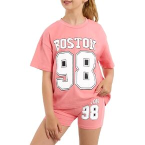 Girls Summer Outfits Graphic Letter Print T Shirt Short Sleeve Top & Biker Shorts with Side Pocket 2Pcs Clothing Sets in Kuwait