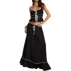 Womens Y2k Maxi Skirt Set Backless Lace Halter Crop Top and Long Skirt Sets Beach Cocktail Club Dress 2 PCS Outfit