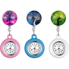 Lancardo 3PCS Retractable Nurse Watch Clip On with Secondhand Stethoscope Lapel Fob Doctor Nurse Watch Magical Tree Pattern Silicone Cover for Women and Men