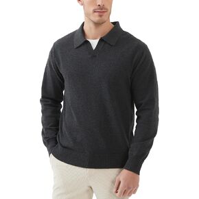 Kallspin Men's Knit Polo Sweater Regular Fit V Neck Cotton Long Sleeve Soft Classic Sweater Pullover