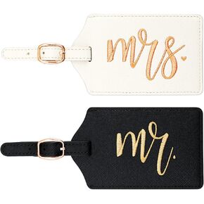 CHOIEO Mr and Mrs Luggage Tags, Bridal Shower Gift Honeymoon Gifts Wedding Gifts for Bride, PU Leather Travel Tags with Name ID Address Card (White&Black)