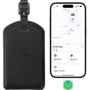 Luggage Tags Built-in Anti-Loss Tracker, Luxury Leather Luggage Tags for Suitcase, Travel Bags, Backpacks, Travel Organizer for Lost Baggage Prevention (Black)