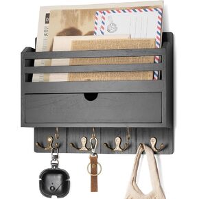 REBEE Vision Farmhouse Wood Mail Organizer Mount - حامل المفتاح والبريد للجدار مع درج التخزين و 7 خطافات رئيسية - ديكور ريفي للمنزل للدخول والمكاتب والجراج (براون الرجعية)