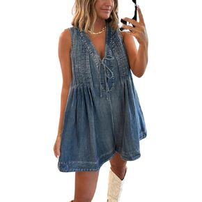 Yoeasy Women's Olcyfless v Neck Shorts Denim Romper Tie Brand Front Jean Short بشكل عام مع الجيب