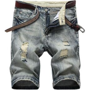 SHOOYING Men's Casual Denim Ripped Shorts