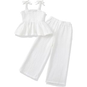 Toddler Baby Girl Clothes Smocked Camisole Ruffle Sleeveless Top Linen Pants Summer Girls Outfits Kids Clothing Set in Kuwait