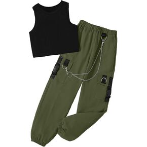 Girls' 2 Piece Outfits Sleeveless Crop Tank Tops and Cargo Pants Clothing Set