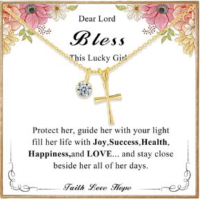 14K Gold Plated Sterling Birthstone Cross Necklace for Girls Kids Hypoallergenic First Communion Baptism Confirmation Gifts for Teenage Girls Age Daughter