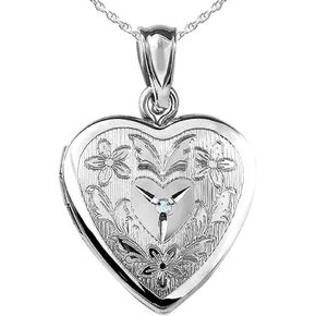 Picturesongold.com Sterling Silver Floral Heart Locket مع الماس - 2/3 بوصة × 2/3 بوصة