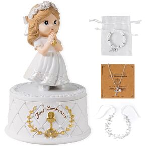 هدايا الشركة الأولى للفتيات- تمثال فتاة مقدسة مع صندوق التذوق و Flower Girl Headpiece & Cross Necklace & Cross Cross المشمولة ، هدايا الشركة الأولى للفتيات