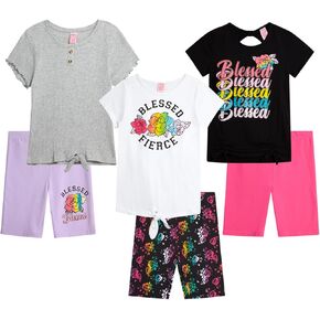 Real Love Girls' Active Shorts Set - 6 Piece Fashion T-Shirts and Performance Bike Shorts - Summer Outfit for Girls (7-16)