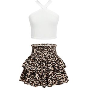 MakeMeChic Girl's 2 Piece Outfits Crop Top and Floral Print Shirred Ruffle Tiered Mini Skirt Set