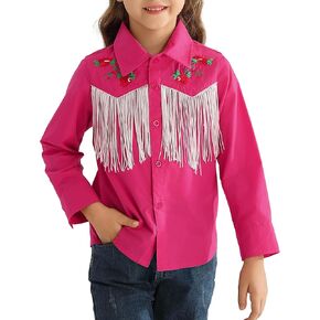 Girls Western Cowboy Fringe Shirt Long Sleeve Floral Embroidered Cute Collared Retro Casual Blouses Shirts