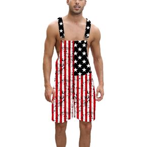 Mens American Flag Overalls Denim Bib Shorts Romper Adjustable Strap with Pockets