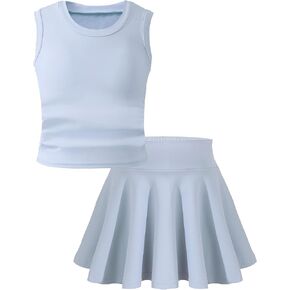 Girls Tennis Skirts Sets Kids Sleeveless Ruched Athletic Tank Tops Flowy Pleated Skirt Pockets Skorts Shorts Outfits