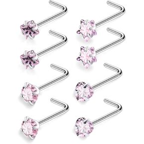 Ftovosyo Hypoallergenic Nose Rings Studs 18G & 20G Surgical Steel Nose Studs L Shaped Nostril Piercing Jewelry with Pink Cubic Zirconia for Women & Men