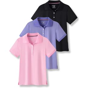 3 Pack Youth Girls' Performance Polo Shirts, Short Sleeve Pique Collared Kids School Uniform Tops