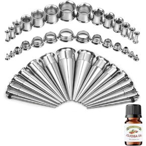 44pcs طقم تمديد الأذن 1.6-12 مم مقياس الأذن مجموعة مقاييس الفولاذ المقاوم للصدأ للأذنين مع موسع أذن زيت الجوجوبا للرعاية اللاحقة للنساء للنساء الفضة