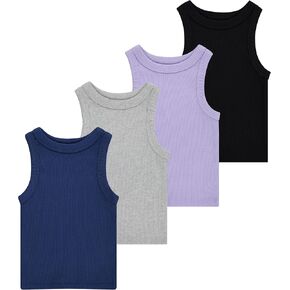 Girls' 4-Pack Ribbed Tank Tops – Sleeveless Cotton Blend Tees for Everyday Wear, Layering, or Summer Outfits (Sizes 4-14)