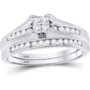 10K White Gold Princess Cut & Round Diamond Bridge setting Bridal Engagement Ring & Matching Wedding Band Two Piece Set - Invisible Set Square Princess Center Setting Shape with Channel Set Side Stones (.47 cttw.)