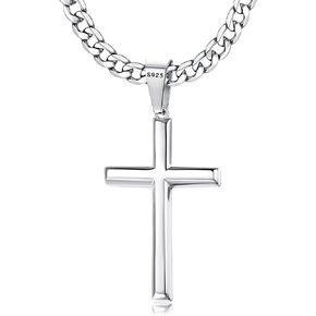 Besteel 925 Sterling Silver Cross Necklace Beveled Edge for Men Women 5mm Stainless Steel Diamond Cut Durable Cuban Link Curb Chain Crucifix Pendant Necklace Jewelry 16-30 Inches