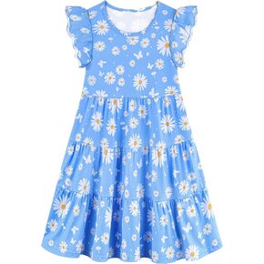 Poroka Girls Ruffle Sleeve Dress Tiered Swing A-Line Twirly Skater Dresses Kids Midi Casual Summer Sundress with Pockets