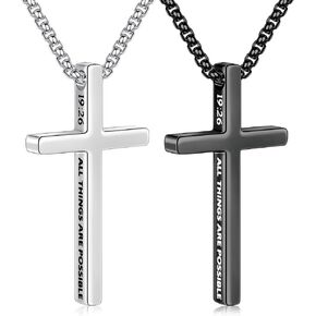 Ursteel 2 Pcs Black Silver Cross Necklace for Men - Inspirational Bible Verse Cross Chain for Men Stainless Steel Cross Pendant Necklace for Men Gifts, Box Chain 18-24 Inch